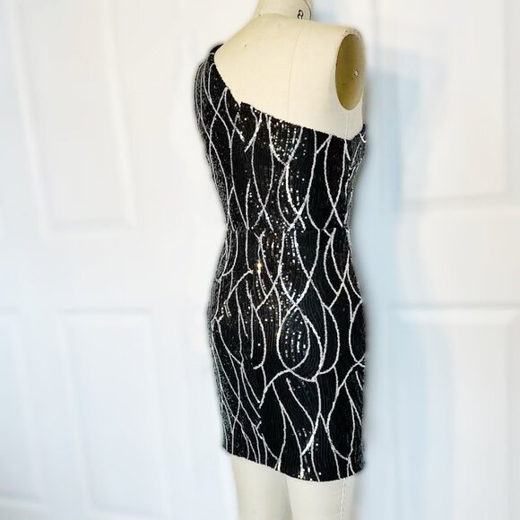 Nox Anabel Sequin Cocktail Dress Womens Medium Asymmetrical Cut Out One Shoulder - Picture 9 of 15